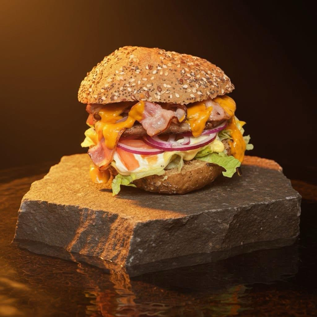 The Road 66 — burger signature avec pain multi-céréales, steak, lard, cheddar, salade et tomates